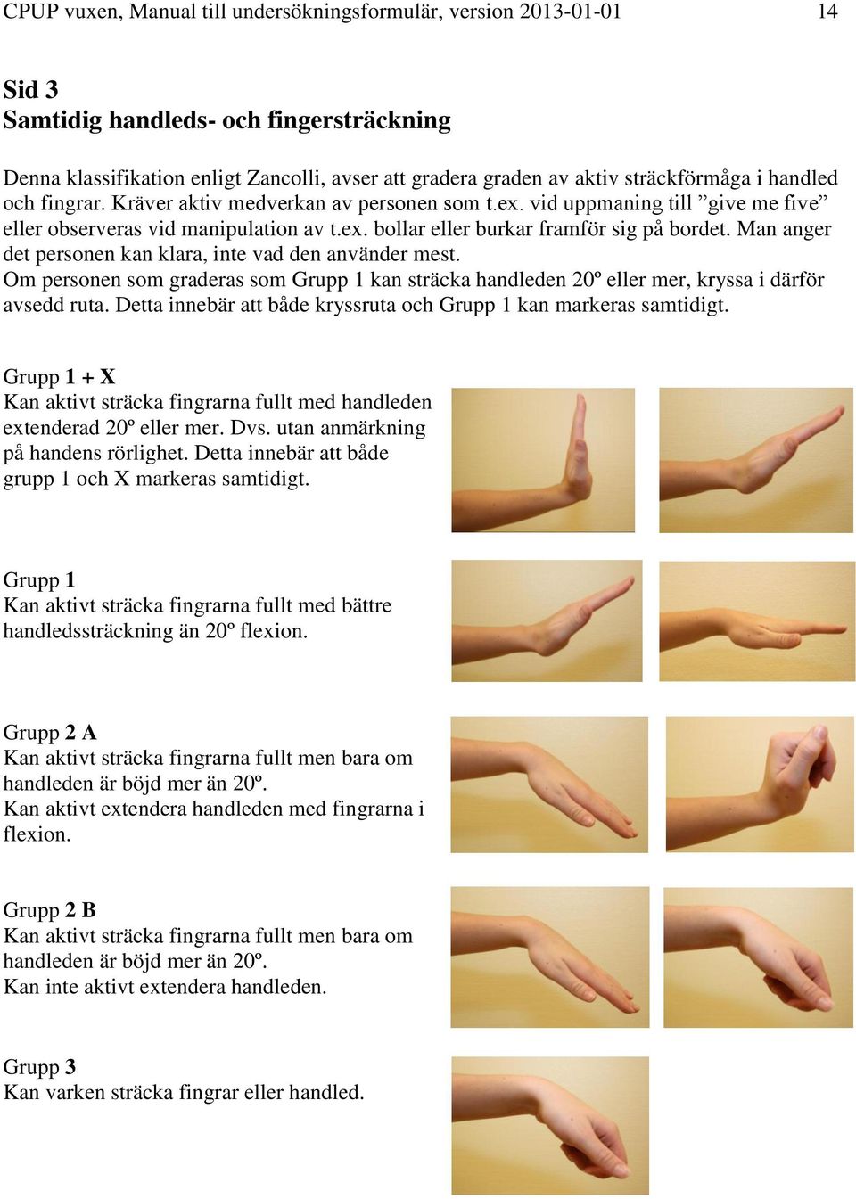 Man anger det personen kan klara, inte vad den använder mest. Om personen som graderas som Grupp 1 kan sträcka handleden 20º eller mer, kryssa i därför avsedd ruta.