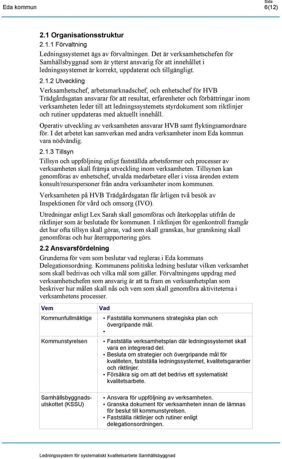 2 Utveckling Verksamhetschef, arbetsmarknadschef, och enhetschef för HVB Trädgårdsgatan ansvarar för att resultat, erfarenheter och förbättringar inom verksamheten leder till att ledningssystemets