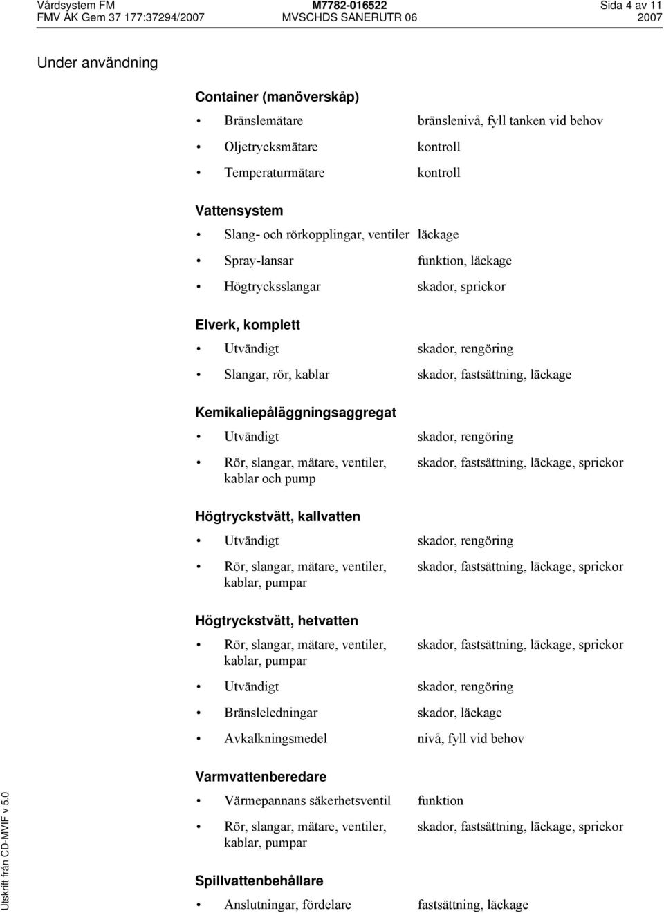 Kemikaliepåläggningsaggregat kablar och pump Högtryckstvätt, kallvatten kablar, pumpar skador, fastsättning, läckage, sprickor skador, fastsättning, läckage, sprickor Högtryckstvätt, hetvatten