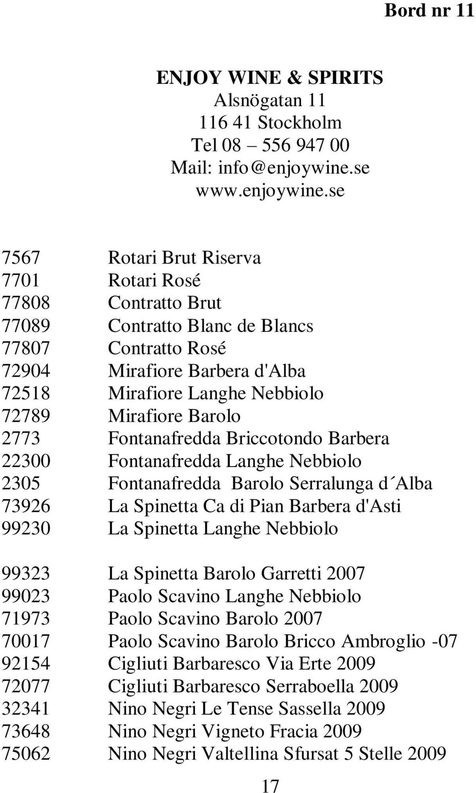 se 7567 Rotari Brut Riserva 7701 Rotari Rosé 77808 Contratto Brut 77089 Contratto Blanc de Blancs 77807 Contratto Rosé 72904 Mirafiore Barbera d'alba 72518 Mirafiore Langhe Nebbiolo 72789 Mirafiore