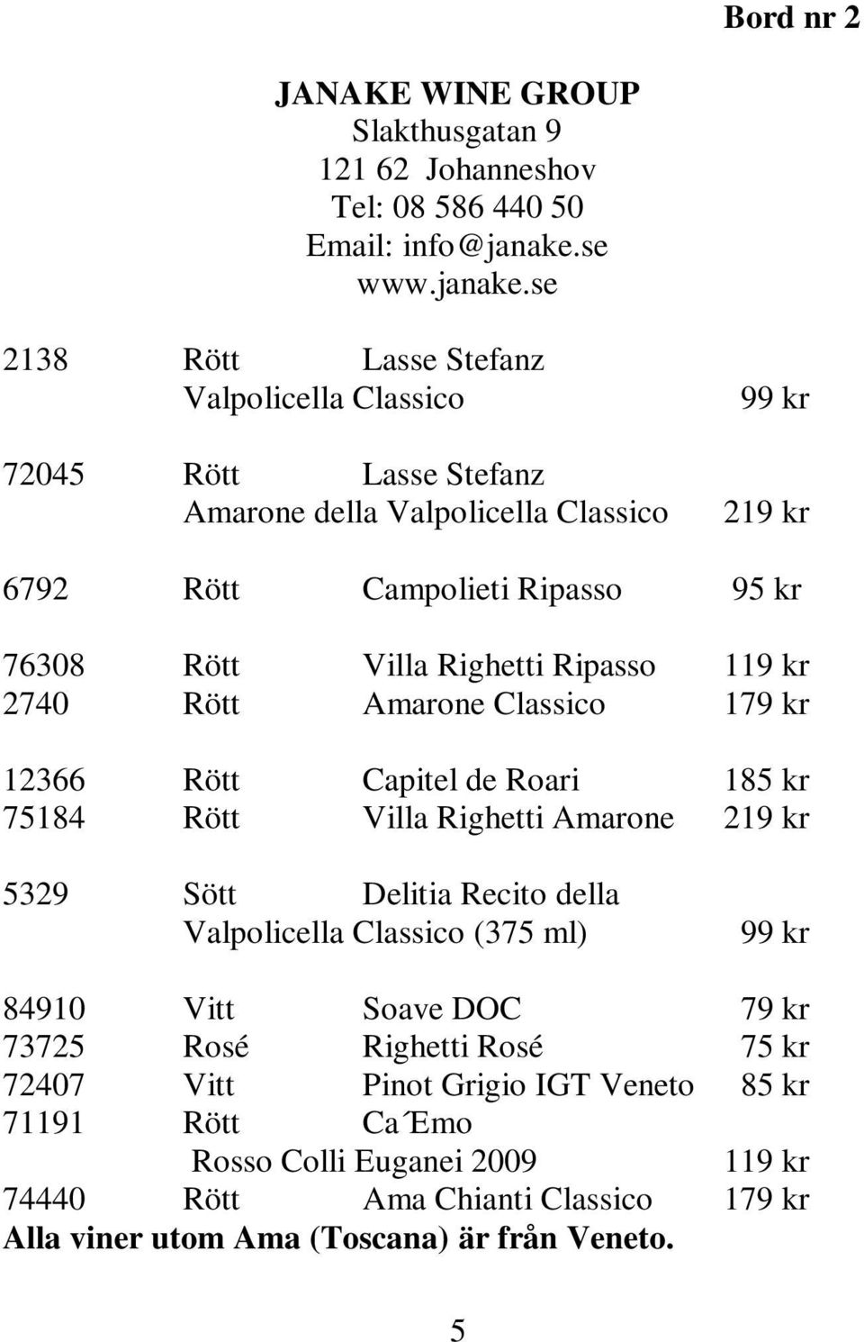 se 2138 Rött Lasse Stefanz Valpolicella Classico 72045 Rött Lasse Stefanz Amarone della Valpolicella Classico 99 kr 219 kr 6792 Rött Campolieti Ripasso 95 kr 76308 Rött Villa