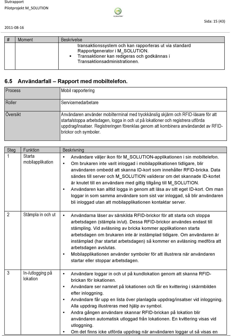 Process Mobil rapportering Roller Översikt Servicemedarbetare Användaren använder mobilterminal med tryckkänslig skjärm och RFID-läsare för att starta/stoppa arbetsdagen, logga in och ut på