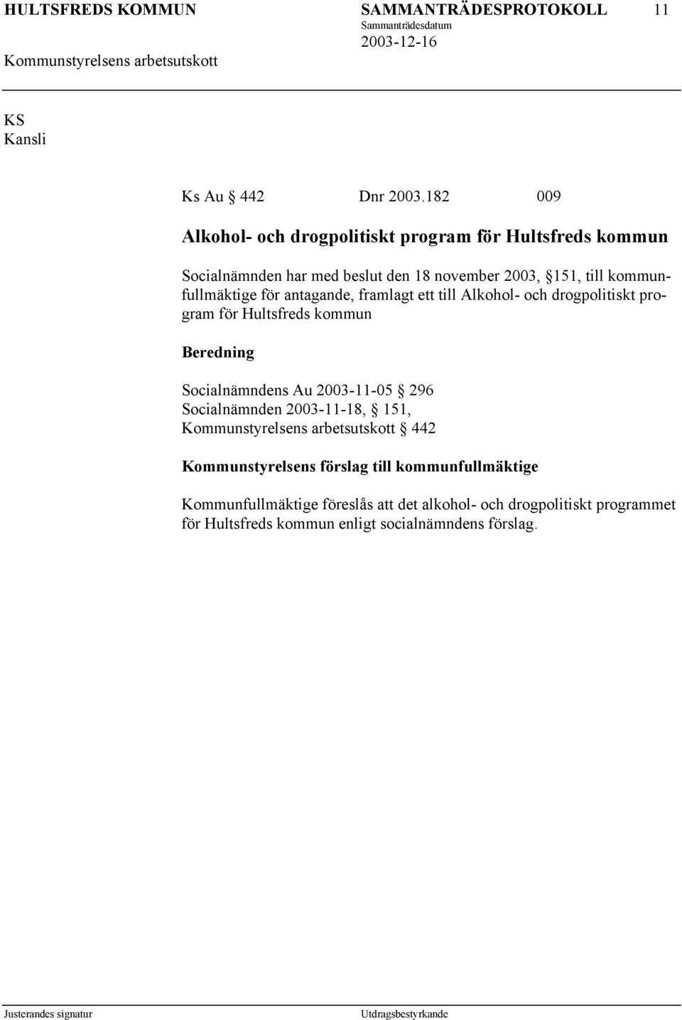 kommunfullmäktige för antagande, framlagt ett till Alkohol- och drogpolitiskt program för Hultsfreds kommun Beredning