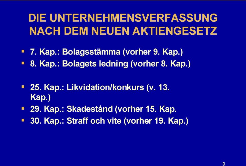 Kap.) 25. Kap.: Likvidation/konkurs (v. 13. Kap.) 29. Kap.: Skadestånd (vorher 15.