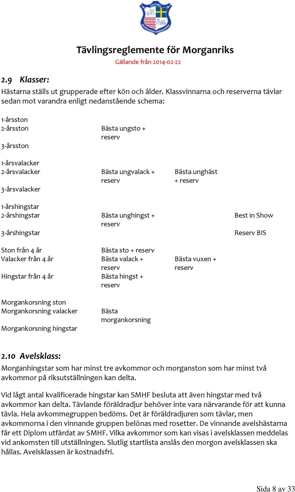 3-årsvalacker Bästa unghäst + reserv 1-årshingstar 2-årshingstar Bästa unghingst + reserv 3-årshingstar Best in Show Reserv BIS Ston från 4 år Bästa sto + reserv Valacker från 4 år Bästa valack +