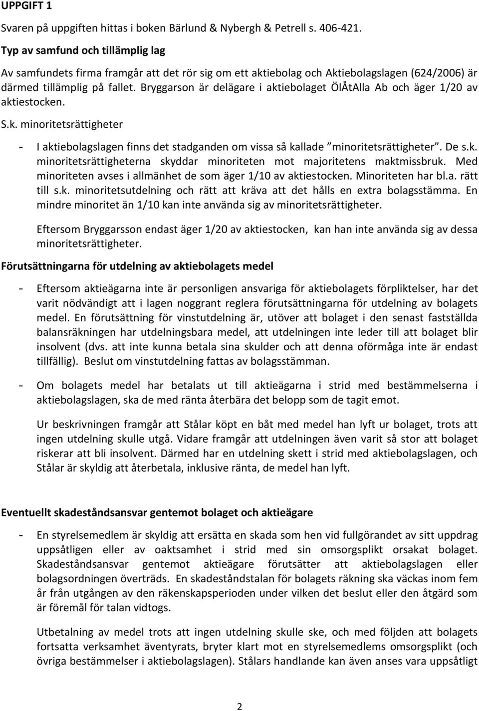 Bryggarson är delägare i aktiebolaget ÖlÅtAlla Ab och äger 1/20 av aktiestocken. S.k. minoritetsrättigheter - I aktiebolagslagen finns det stadganden om vissa så kallade minoritetsrättigheter. De s.k. minoritetsrättigheterna skyddar minoriteten mot majoritetens maktmissbruk.