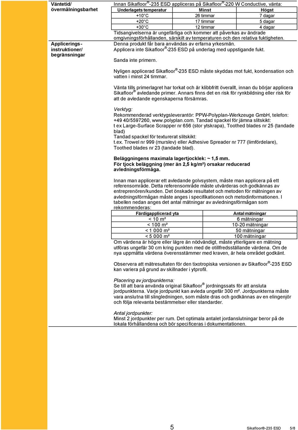 Denna produkt får bara användas av erfarna yrkesmän. Applicera inte Sikafloor -235 ESD på underlag med uppstigande fukt. Sanda inte primern.