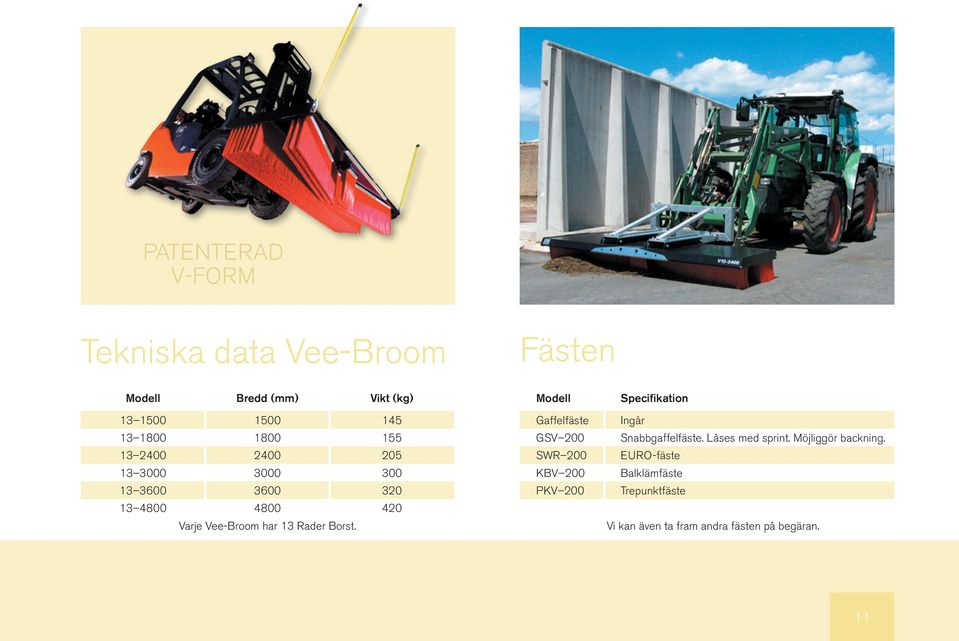 Vee-Broo har 13 Rader Borst. Gaffelfäste GSV 200 SWR 200 KBV 200 PKV 200 Ingår Snabbgaffelfäste.