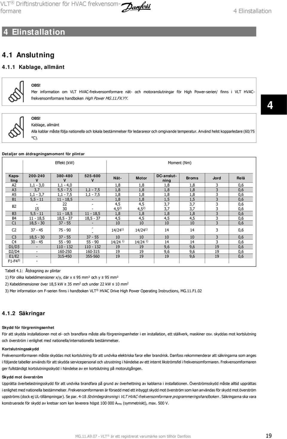 Kablage, allmänt Alla kablar måste följa nationella och lokala bestämmelser för ledarareor och omgivande temperatur. Använd helst kopparledare (60/75 C).