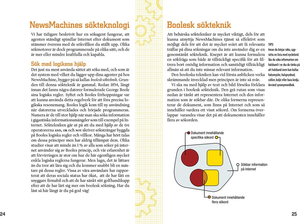 Sök med logikens hjälp Det just nu mest använda sättet att söka med, och som är det system med vilket du lägger upp dina agenter på hos NewsMachine, bygger på så kallas boolesk sökteknik.