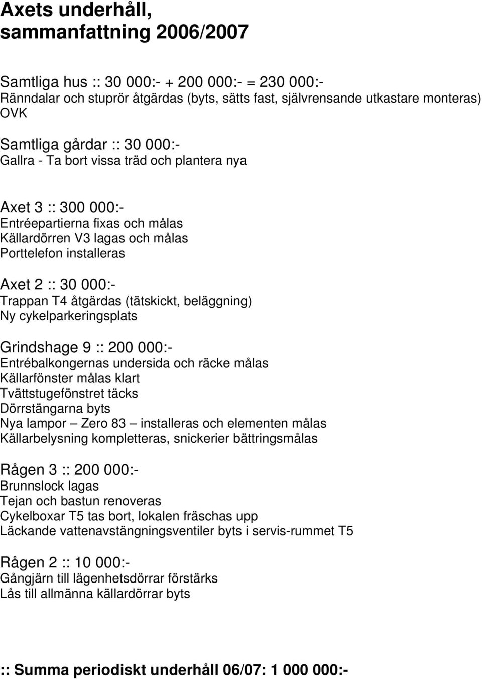 åtgärdas (tätskickt, beläggning) Ny cykelparkeringsplats Grindshage 9 :: 200 000:- Entrébalkongernas undersida och räcke målas Källarfönster målas klart Tvättstugefönstret täcks Dörrstängarna byts