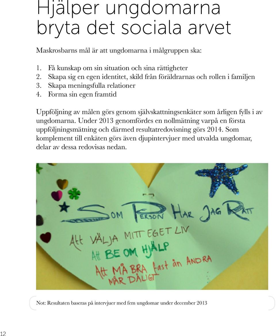 Forma sin egen framtid Uppföljning av målen görs genom självskattningsenkäter som årligen fylls i av ungdomarna.