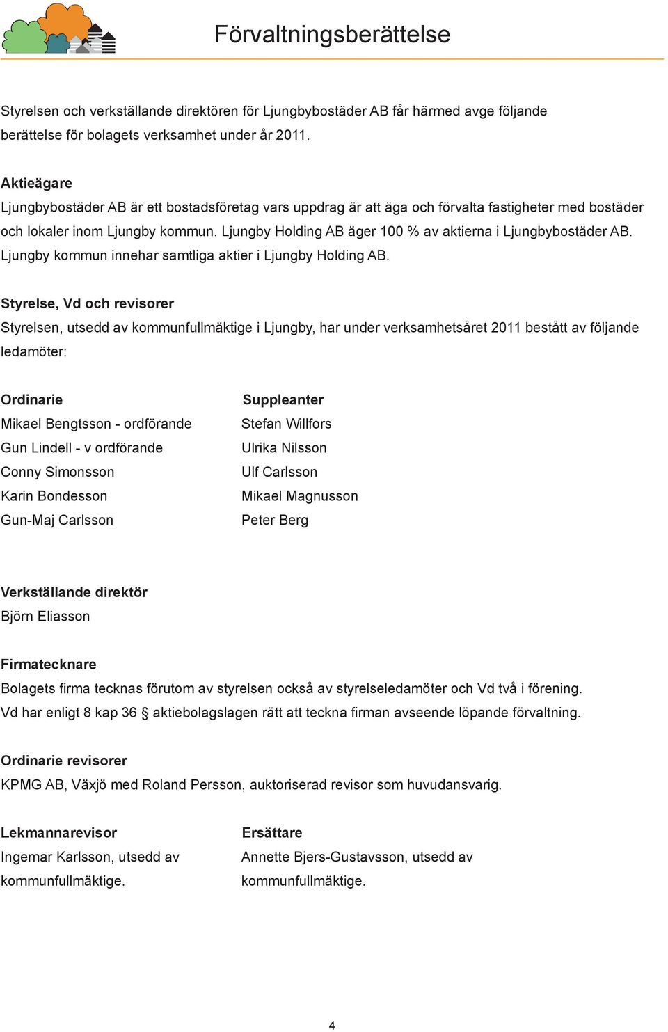 Ljungby Holding AB äger 100 % av aktierna i Ljungbybostäder AB. Ljungby kommun innehar samtliga aktier i Ljungby Holding AB.