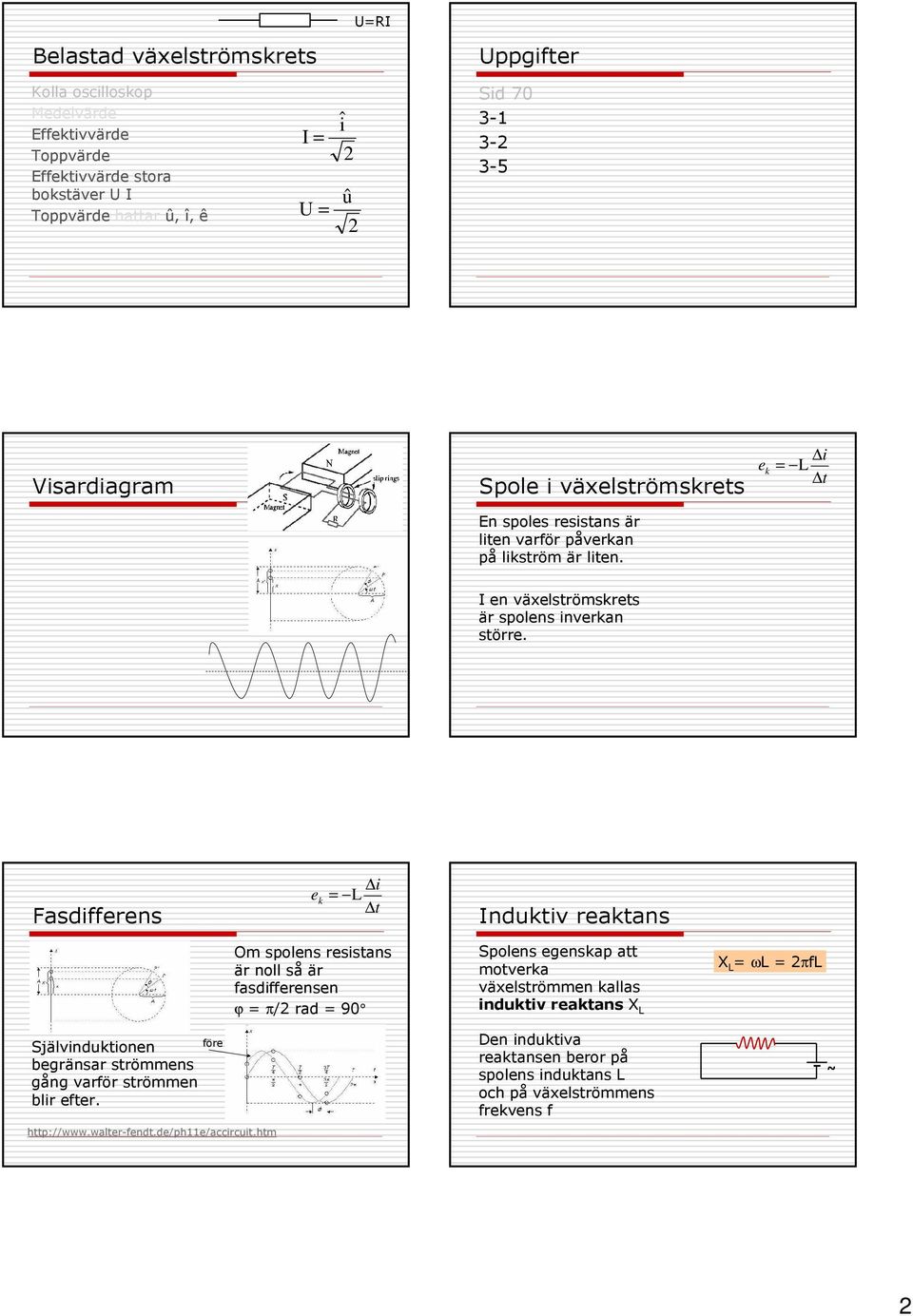 Fasdifferens i e k = t Induktiv reaktans Om strömmen blir svagare försöker spolen förhindra att strömmen försvagas Om spolens resistans är noll så är fasdifferensen ϕ = π/ rad