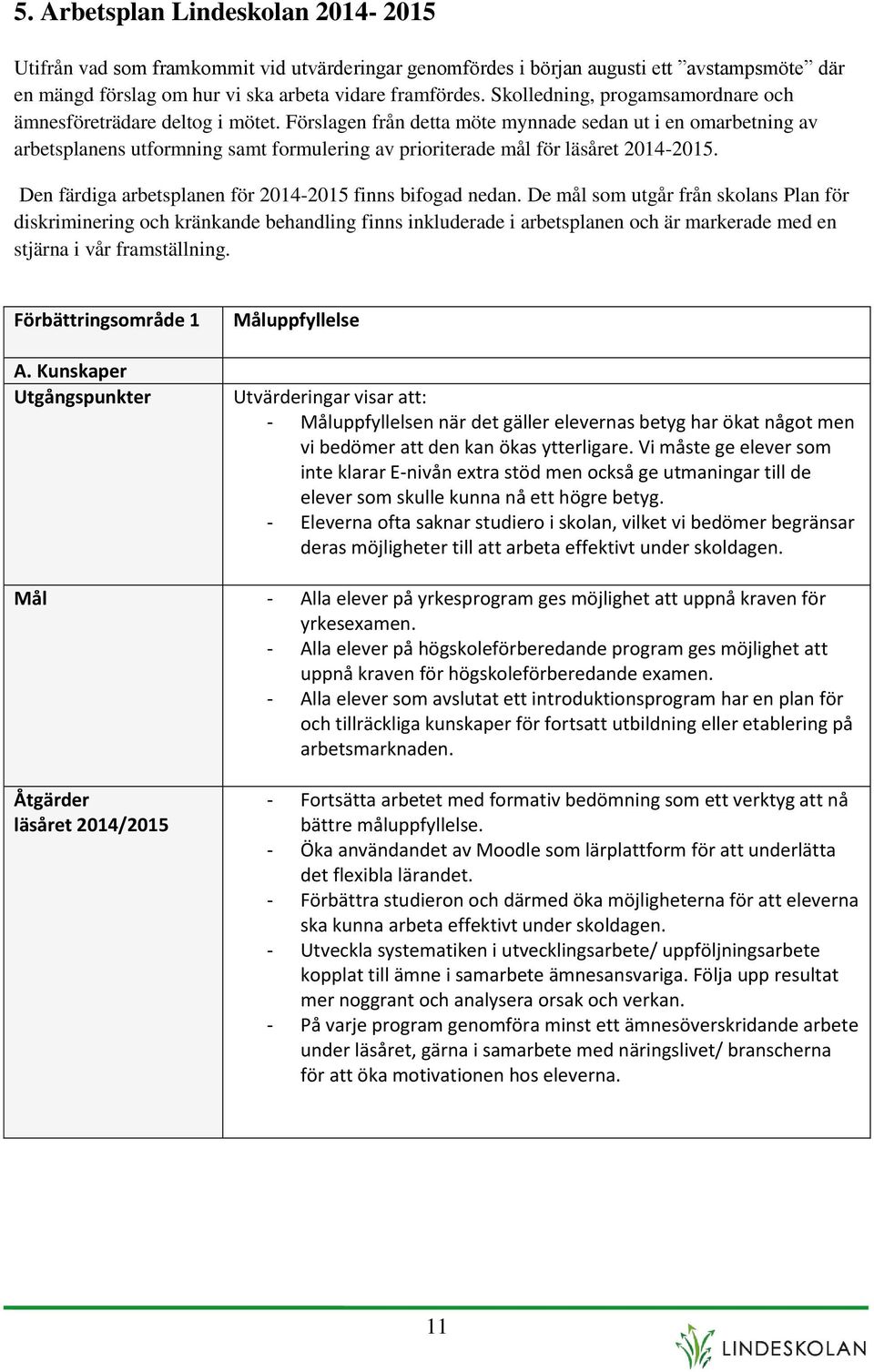 Förslagen från detta möte mynnade sedan ut i en omarbetning av arbetsplanens utformning samt formulering av prioriterade mål för läsåret 2014-2015.