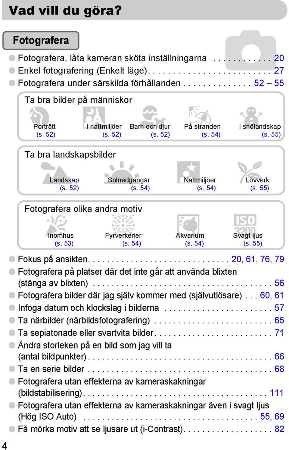 55) Ta bra landskapsbilder J Landskap USolnedgångar (s. 52) (s. 54), Nattmiljöer (s. 54) O Lövverk (s. 55) 4 Fotografera olika andra motiv H Inomhus (s. 53) t Fyrverkerier (s. 54) yakvarium (s.