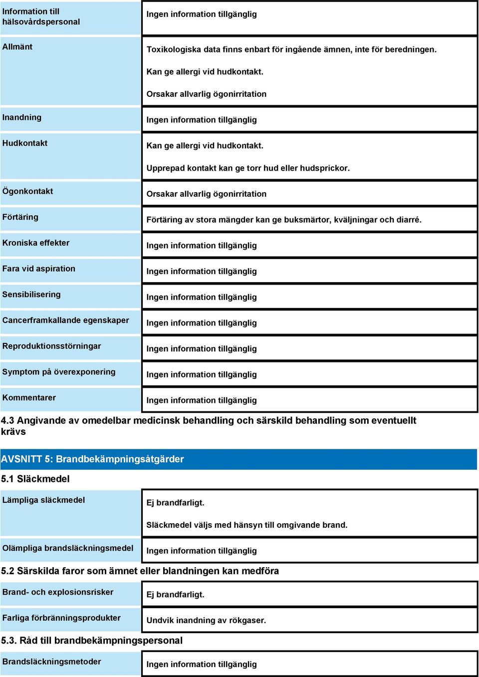 Ögonkontakt Förtäring Kroniska effekter Fara vid aspiration Sensibilisering Cancerframkallande egenskaper Reproduktionsstörningar Symptom på överexponering Kommentarer Orsakar allvarlig