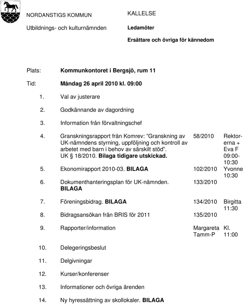 Granskningsrapport från Komrev: Granskning av UK-nämndens styrning, uppföljning och kontroll av arbetet med barn i behov av särskilt stöd. UK 18/2010. Bilaga tidigare utskickad.