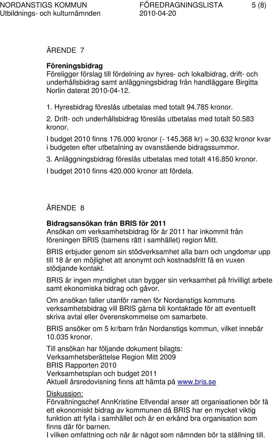 000 kronor (- 145.368 kr) = 30.632 kronor kvar i budgeten efter utbetalning av ovanstående bidragssummor. 3. Anläggningsbidrag föreslås utbetalas med totalt 416.850 kronor. I budget 2010 finns 420.