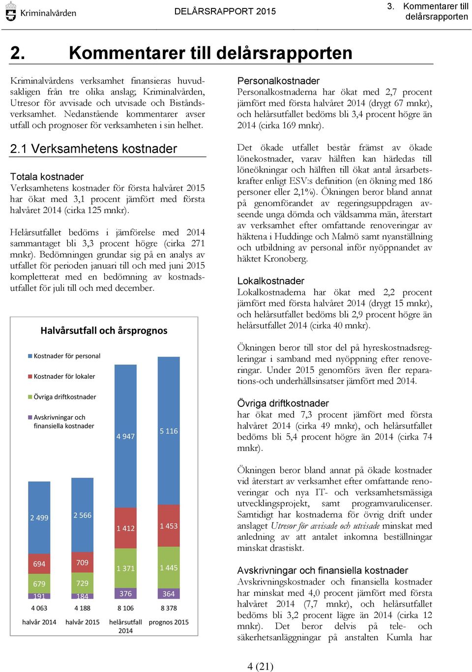 Nedanstående kommentarer avser utfall och prognoser för verksamheten i sin helhet. 2.