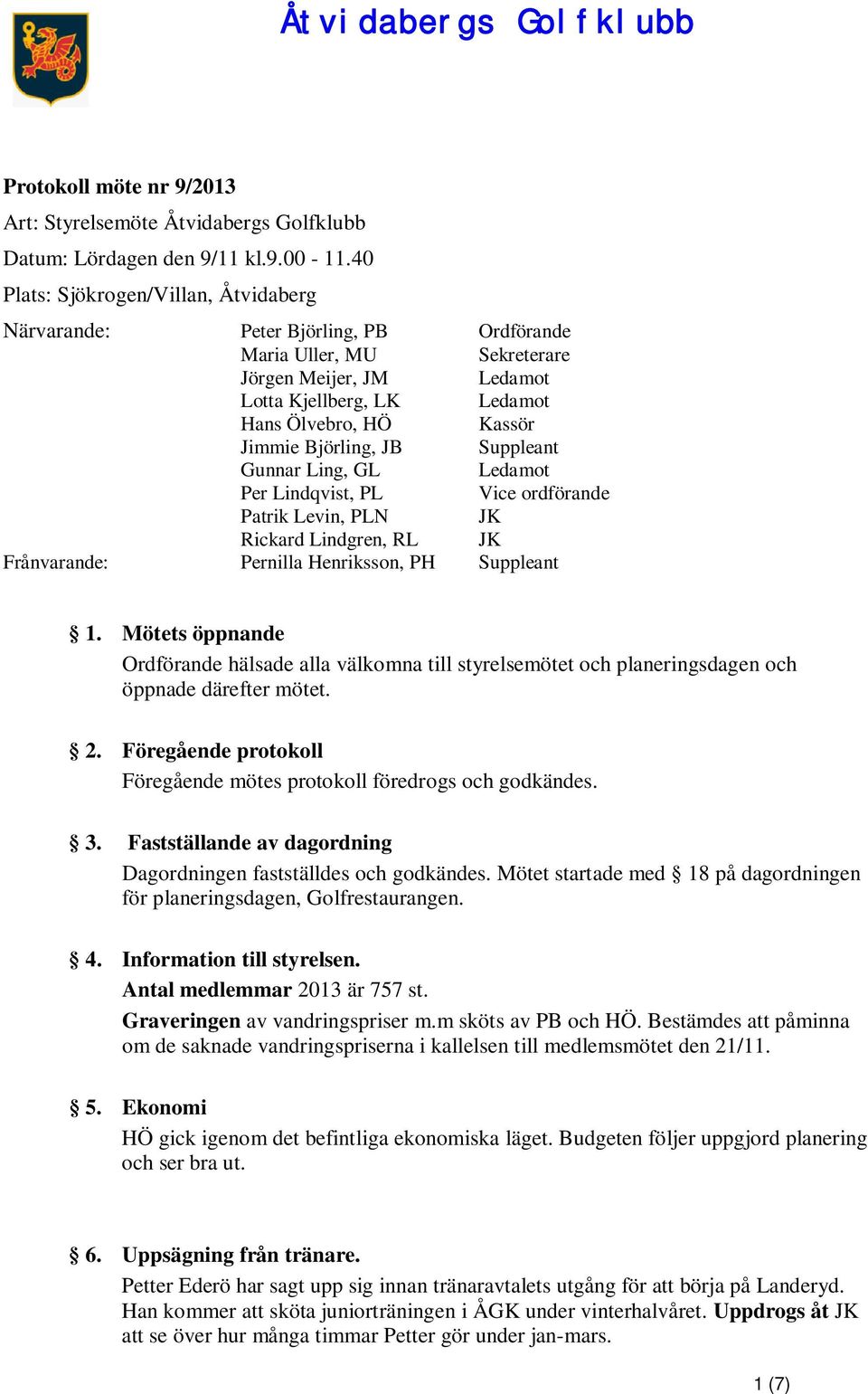 Björling, JB Suppleant Gunnar Ling, GL Ledamot Per Lindqvist, PL Vice ordförande Patrik Levin, PLN JK Rickard Lindgren, RL JK Frånvarande: Pernilla Henriksson, PH Suppleant 1.