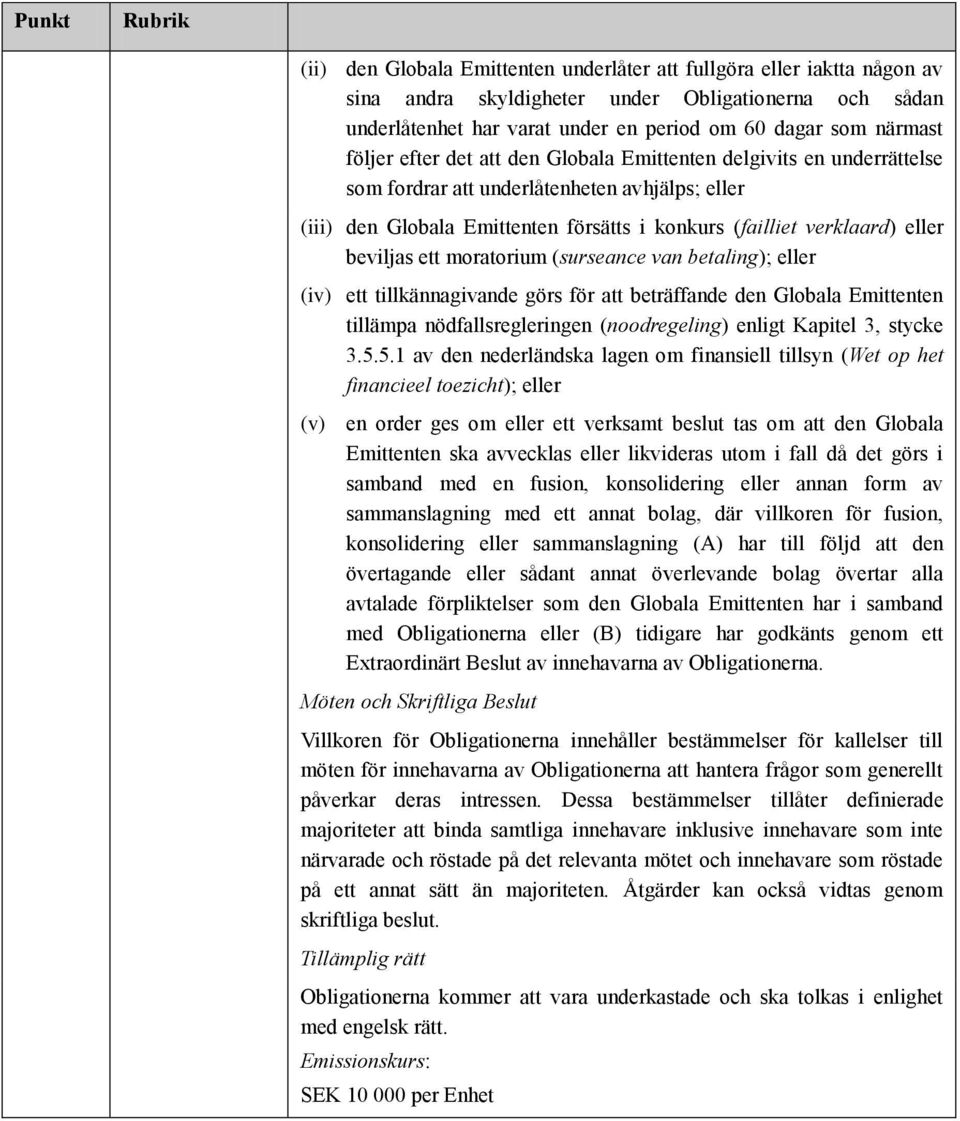 moratorium (surseance van betaling); eller (iv) ett tillkännagivande görs för att beträffande den Globala Emittenten tillämpa nödfallsregleringen (noodregeling) enligt Kapitel 3, stycke 3.5.