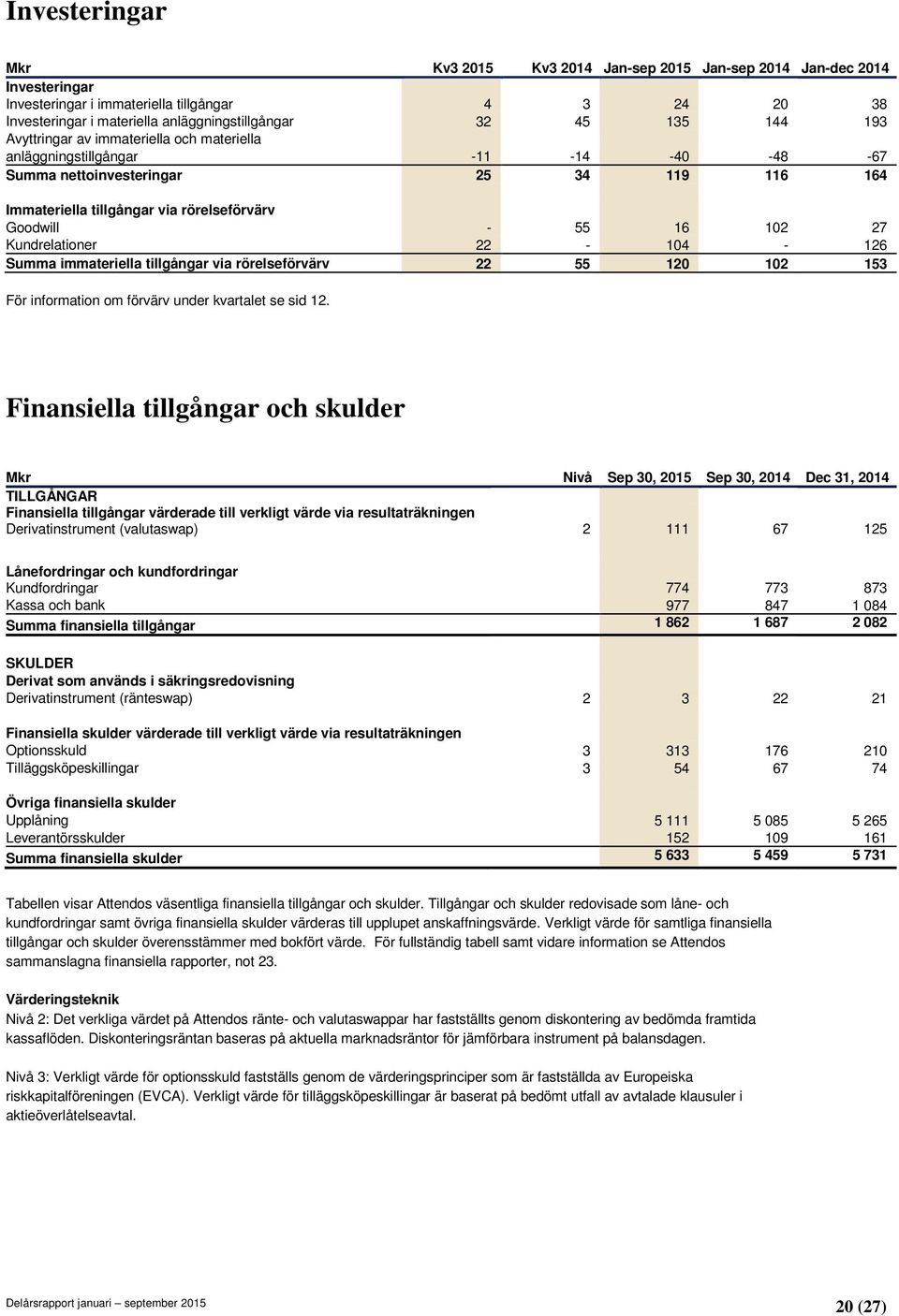 102 27 Kundrelationer 22-104 - 126 Summa immateriella tillgångar via rörelseförvärv 22 55 120 102 153 För information om förvärv under kvartalet se sid 12.