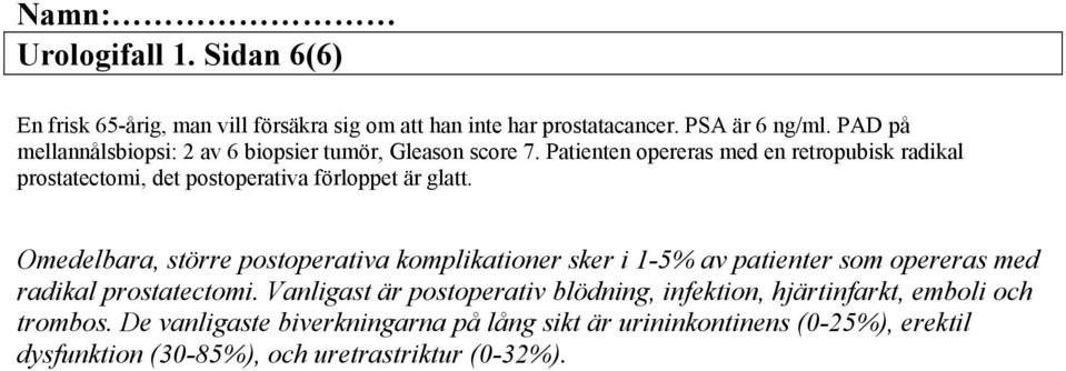 Patienten opereras med en retropubisk radikal prostatectomi, det postoperativa förloppet är glatt.