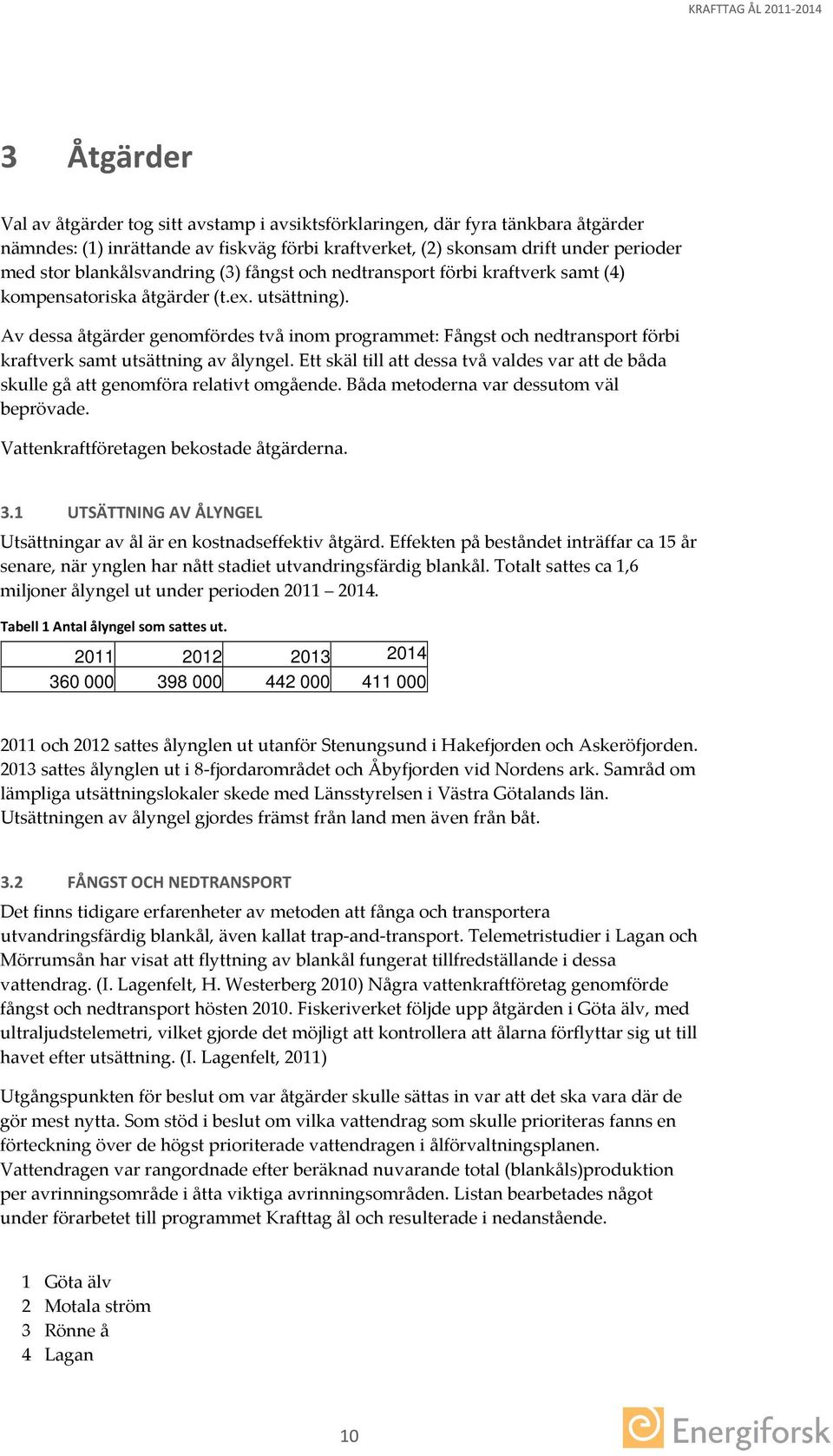 Av dessa åtgärder genomfördes två inom programmet: Fångst och nedtransport förbi kraftverk samt utsättning av ålyngel.