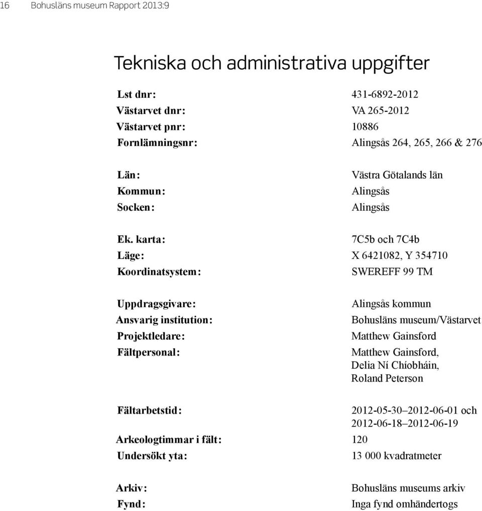 karta : 7C5b och 7C4b Läge : X 6421082, Y 354710 Koordinatsystem : SWEREFF 99 TM Uppdragsgivare : Ansvarig institution : Projektledare : Fältpersonal : Alingsås kommun Bohusläns