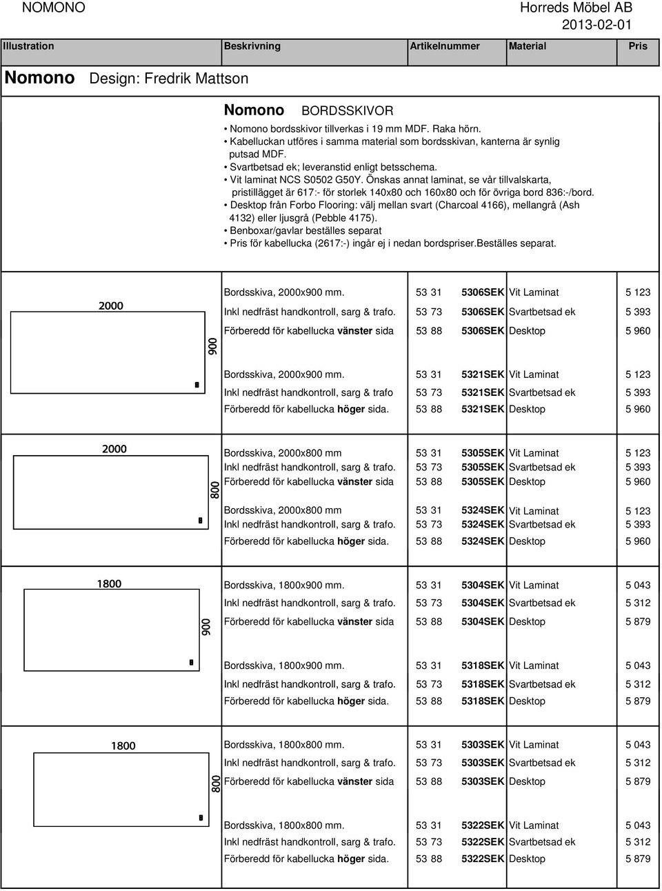 Önskas annat laminat, se vår tillvalskarta, pristillägget är 617:- för storlek 14x8 och 16x8 och för övriga bord 836:-/bord.