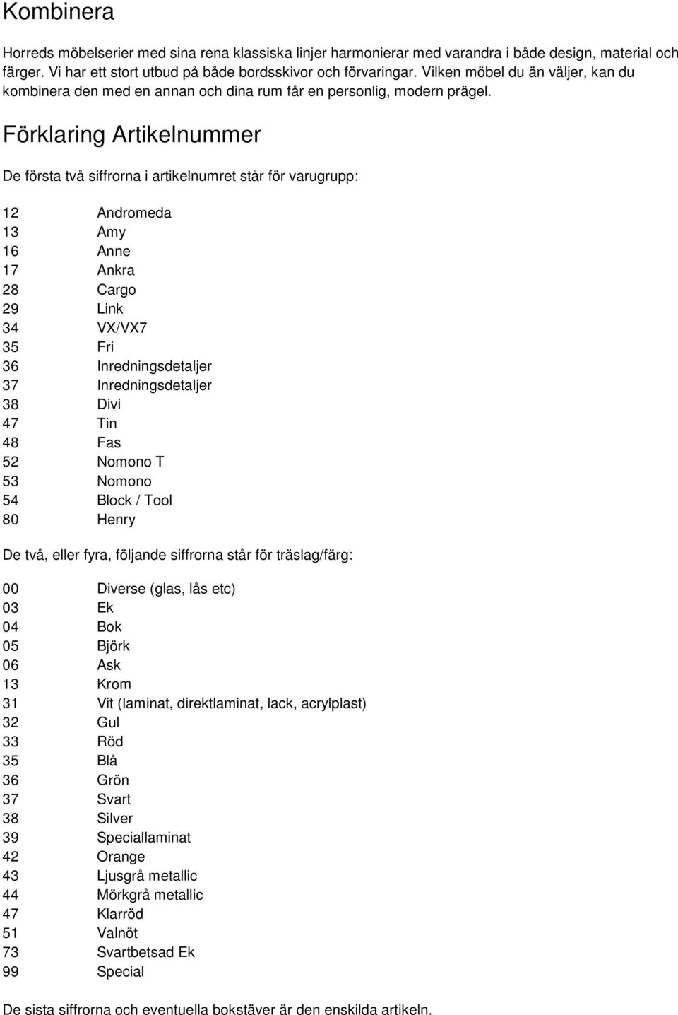 Förklaring Artikelnummer De första två siffrorna i artikelnumret står för varugrupp: 12 Andromeda 13 Amy 16 Anne 17 Ankra 28 Cargo 29 Link 34 VX/VX7 35 Fri 36 Inredningsdetaljer 37 Inredningsdetaljer