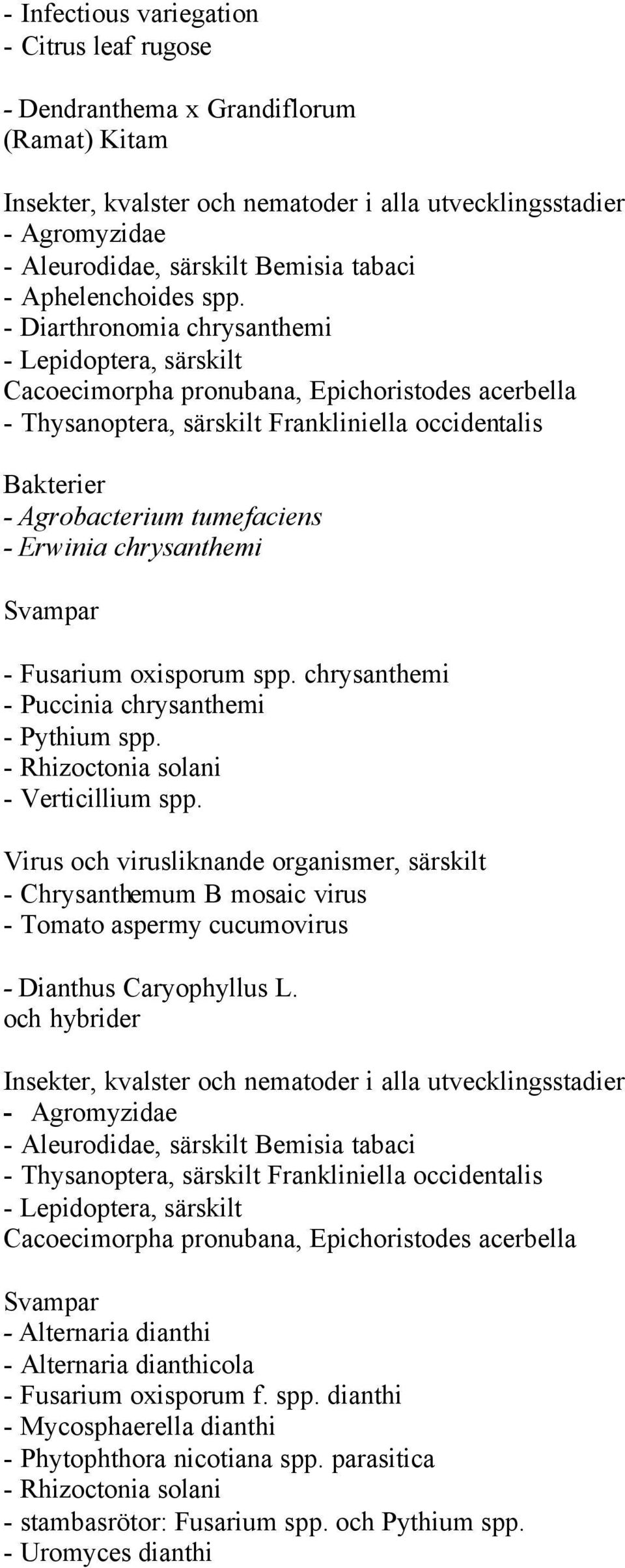 chrysanthemi - Fusarium oxisporum spp. chrysanthemi - Puccinia chrysanthemi - Pythium spp. - Rhizoctonia solani - Verticillium spp.