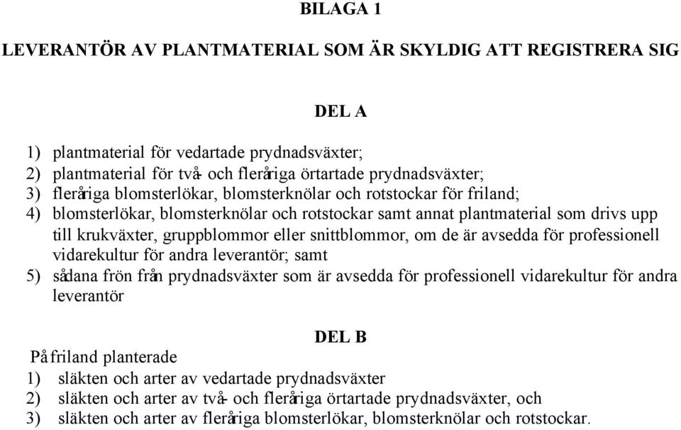 snittblommor, om de är avsedda för professionell vidarekultur för andra leverantör; samt 5) sådana frön från prydnadsväxter som är avsedda för professionell vidarekultur för andra leverantör DEL B På