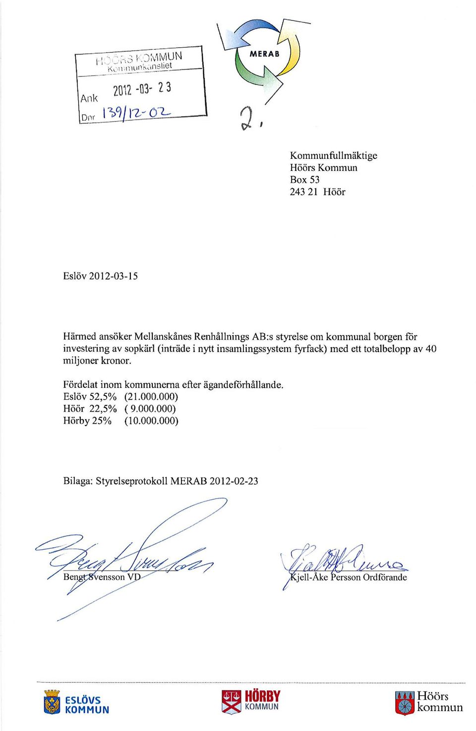 styrelse om kommunal borgen för investering av sopkärl (inträde i nytt insamlingssystem fyrfack) med ett totalbelopp av 40