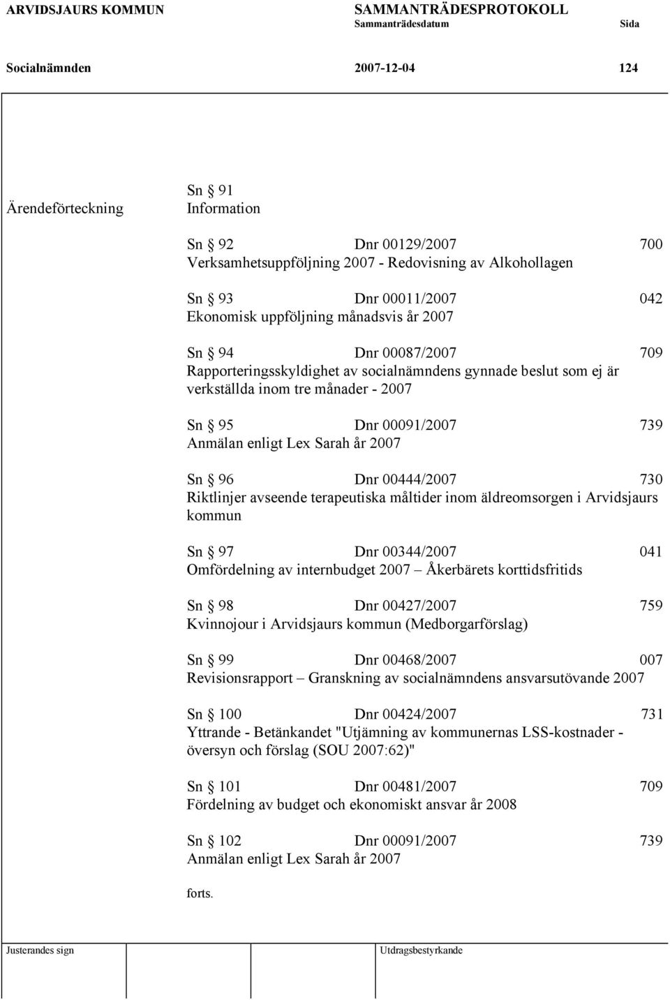 2007 Sn 96 Dnr 00444/2007 730 Riktlinjer avseende terapeutiska måltider inom äldreomsorgen i Arvidsjaurs kommun Sn 97 Dnr 00344/2007 041 Omfördelning av internbudget 2007 Åkerbärets korttidsfritids