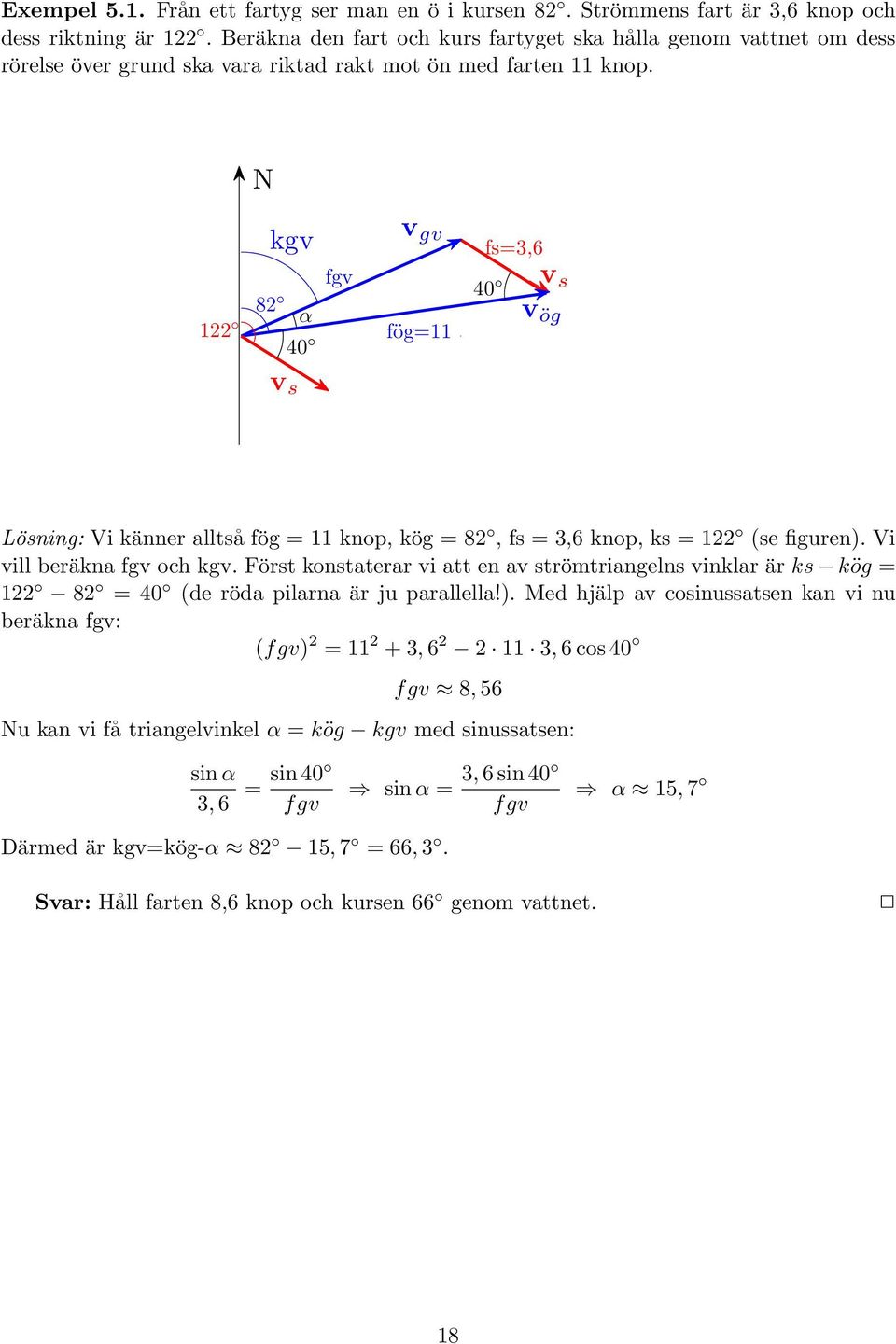 N 122 kgv 82 α 40 fgv v gv fög=11 fs=3,6 v 40 s vög v s Lösning: Vi känner alltså fög = 11 knop, kög = 82, fs = 3,6 knop, ks = 122 (se figuren). Vi vill beräkna fgv och kgv.