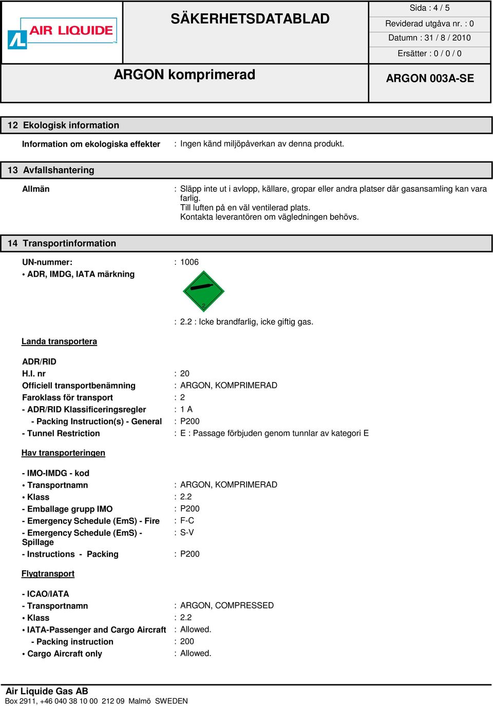 Kontakta leverantören om vägledningen behövs. 14 Transportinformation UN-nummer: : 1006 ADR, IM