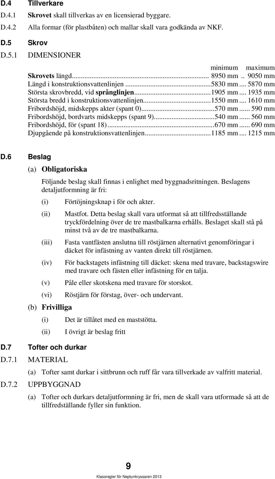 .. 1610 mm Fribordshöjd, midskepps akter (spant 0)... 570 mm... 590 mm Fribordshöjd, bordvarts midskepps (spant 9)... 540 mm... 560 mm Fribordshöjd, för (spant 18)... 670 mm.