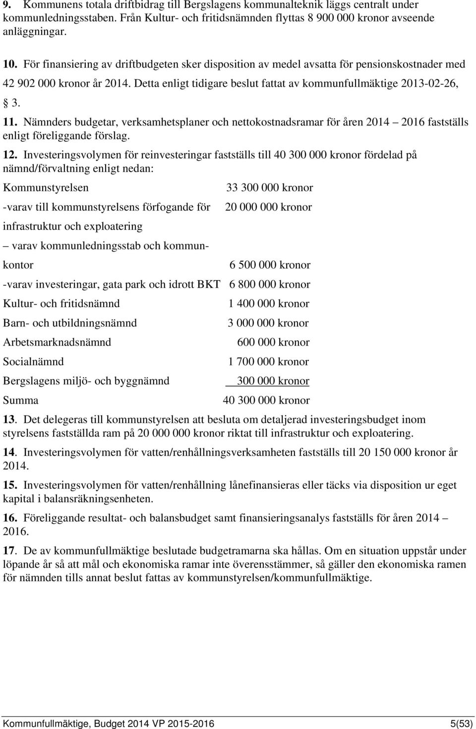 Nämnders budgetar, verksamhetsplaner och nettokostnadsramar för åren 2014 2016 fastställs enligt föreliggande förslag. 12.