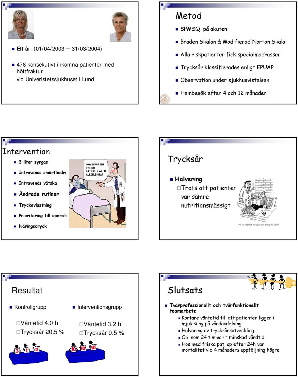 Intravenös vätska Ändrade rutiner Tryckavlastning Trycksår Halvering Trots att patienterna var sämre nutritionsmässigt Prioritering till operation Näringsdryck Resultat Slutsats Kontrollgrupp
