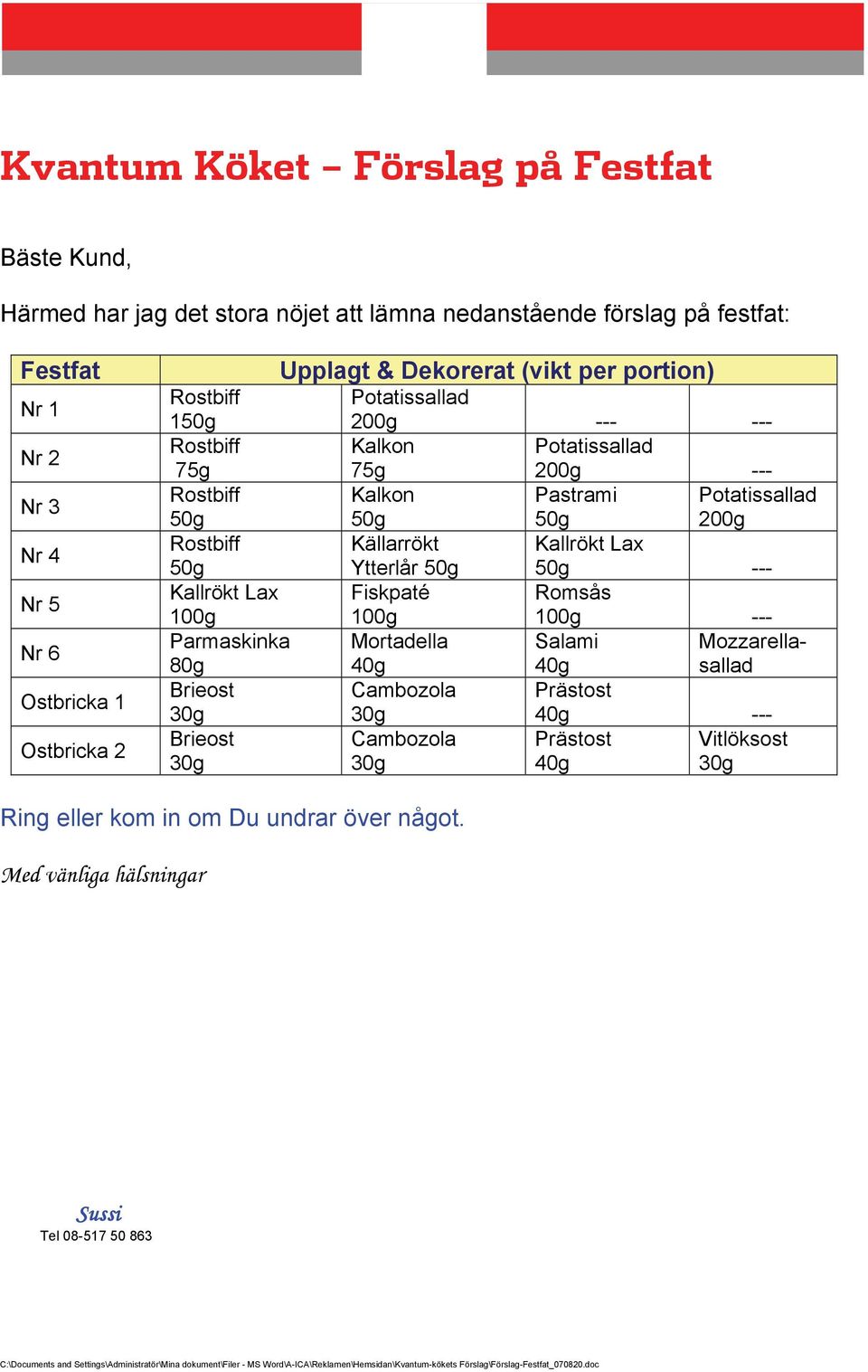 Ytterlår --- Kallrökt Lax Fiskpaté Romsås 100g 100g 100g --- Parmaskinka Mortadella Salami Mozzarellasallad 80g 40g 40g Brieost Cambozola Prästost 40g --- Brieost Cambozola