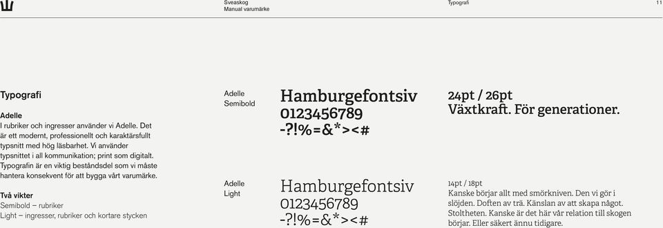 Två vikter Semibold rubriker Light ingresser, rubriker och kortare stycken Adelle Semibold Adelle Light Hamburgefontsiv 0123456789 -?!%=&*><# Hamburgefontsiv 0123456789 -?