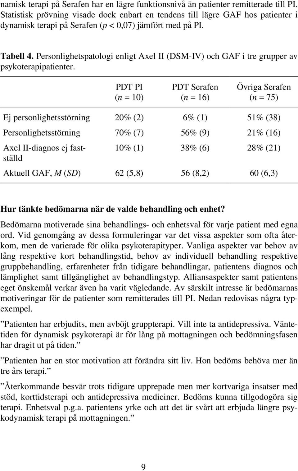 Personlighetspatologi enligt Axel II (DSM-IV) och GAF i tre grupper av psykoterapipatienter.