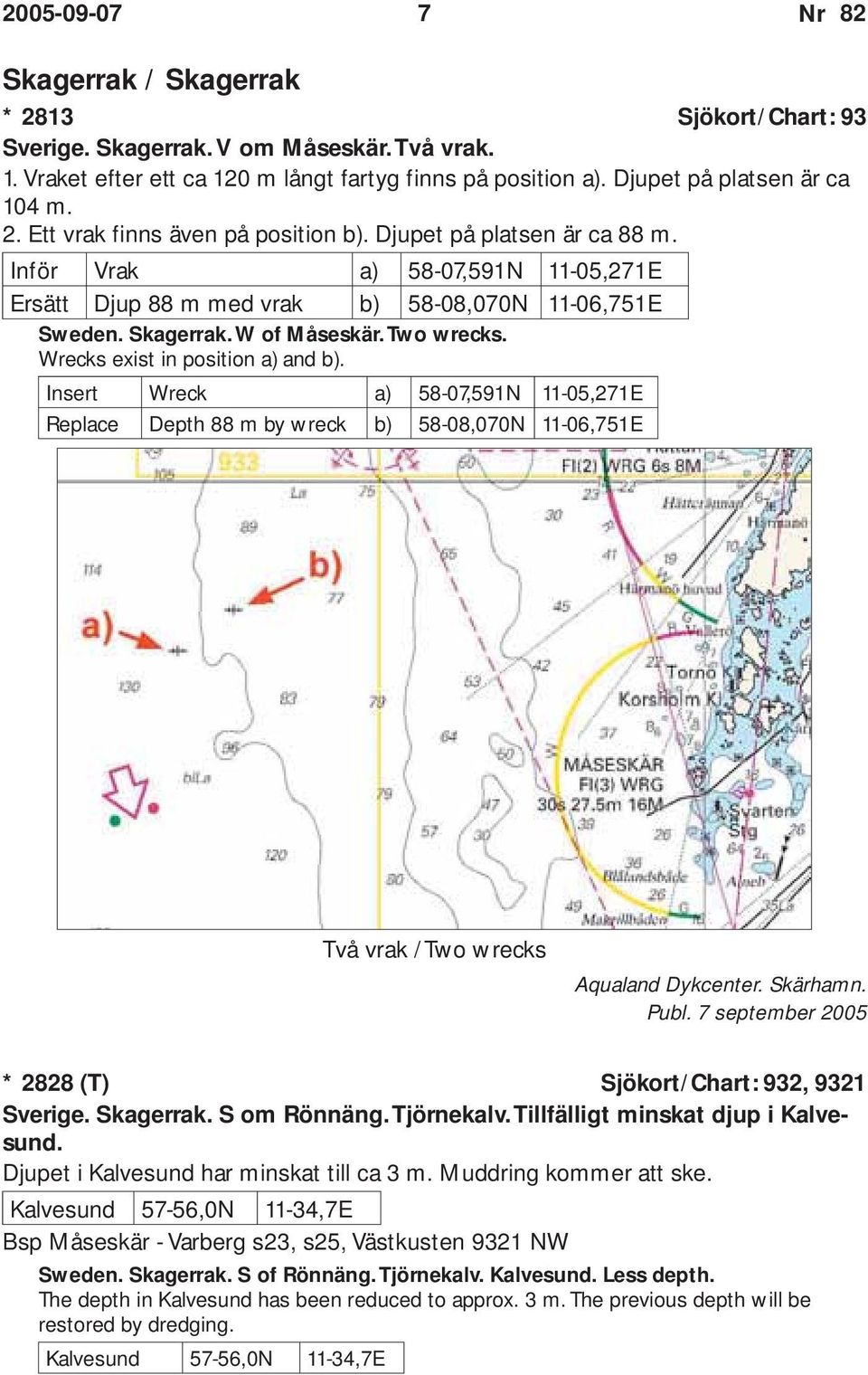 Insert Wreck a) 58-07,591N 11-05,271E Replace Depth 88 m by wreck b) 58-08,070N 11-06,751E Två vrak / Two wrecks Aqualand Dykcenter. Skärhamn. Publ.