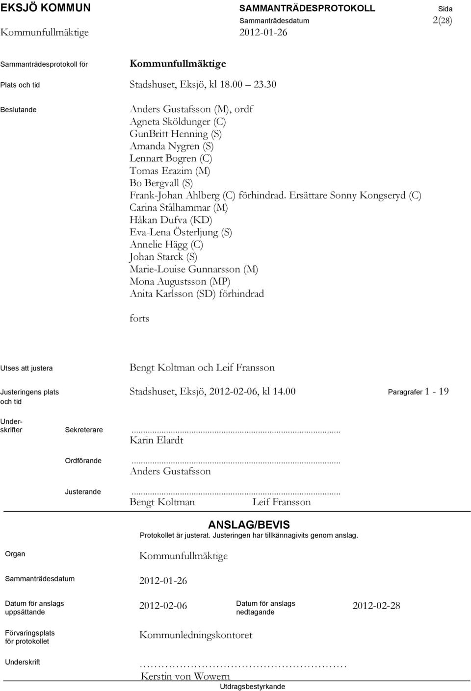 Ersättare Sonny Kongseryd (C) Carina Stålhammar (M) Håkan Dufva (KD) Eva-Lena Österljung (S) Annelie Hägg (C) Johan Starck (S) Marie-Louise Gunnarsson (M) Mona Augustsson (MP) Anita Karlsson (SD)