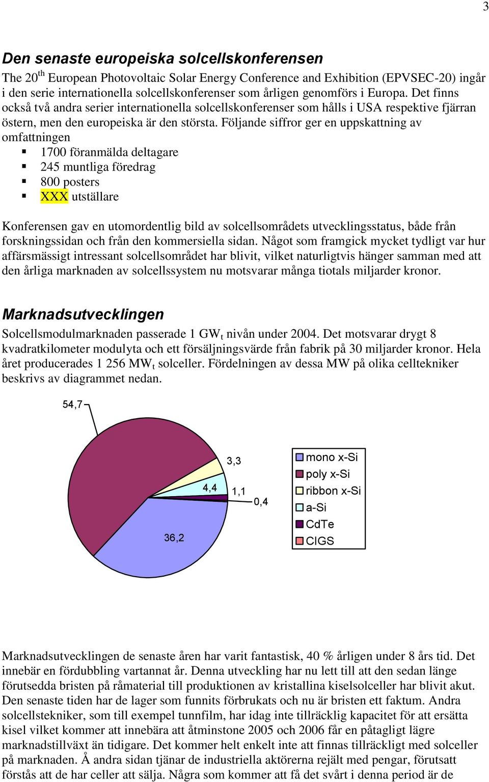 Följande siffror ger en uppskattning av omfattningen 1700 föranmälda deltagare 245 muntliga föredrag 800 posters XXX utställare Konferensen gav en utomordentlig bild av solcellsområdets