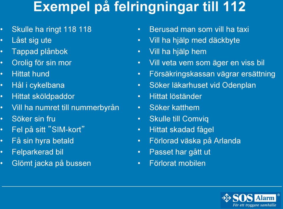 man som vill ha taxi Vill ha hjälp med däckbyte Vill ha hjälp hem Vill veta vem som äger en viss bil Försäkringskassan vägrar ersättning Söker