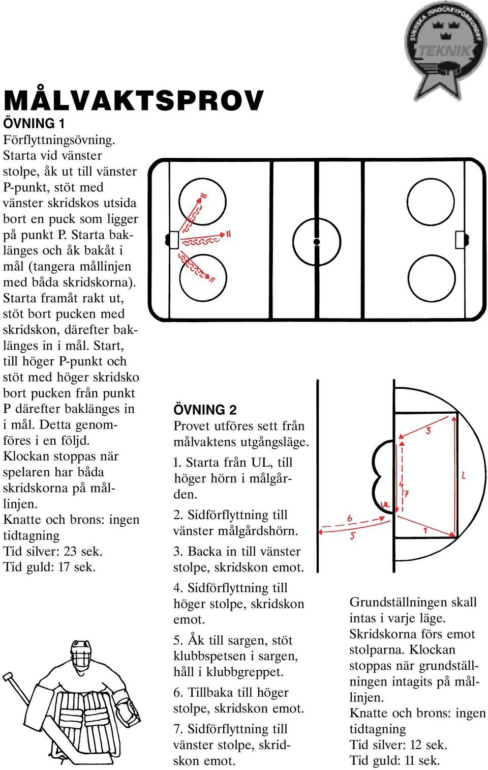 Start, till höger P-punkt och stöt med höger skridsko bort pucken från punkt P därefter baklänges in i mål. Detta genomföres i en följd. Klockan stoppas när spelaren har båda skridskorna på mållinjen.