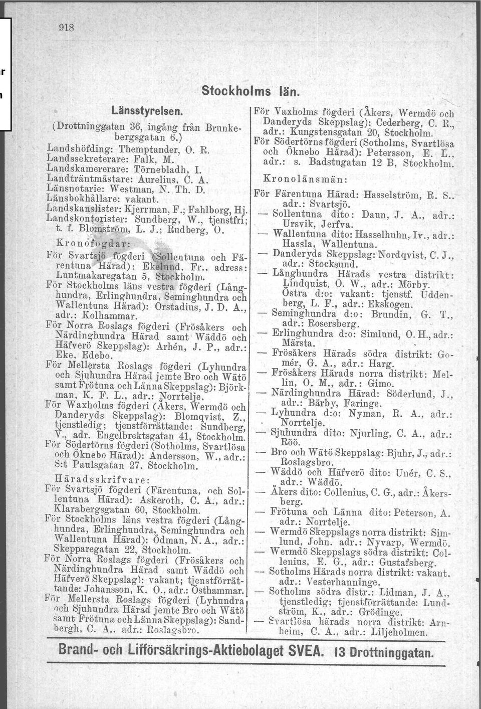 Landskamererare: Törnebladh,!. Landträntmästare: Aurelius, C. A. Kronolänsmän: Länsnotarie: Westman, N. Th. D. Länsbokhållare: vakant. För Färentuna Härad: -Hasselström, R. S.. adr.: Svartsjö.